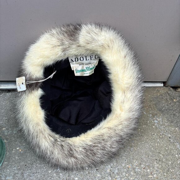 Vintage Adolfo Fur Hat Womens S Curly Lambs Wool Fur Trim Designer New York - Picture 2 of 8